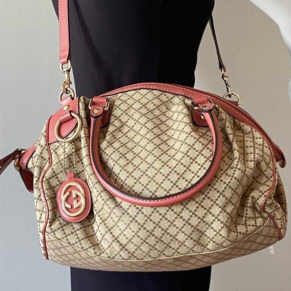 Authentic Gucci Canvas & Pink Leather Shoulder Bag - Picture 1 of 16